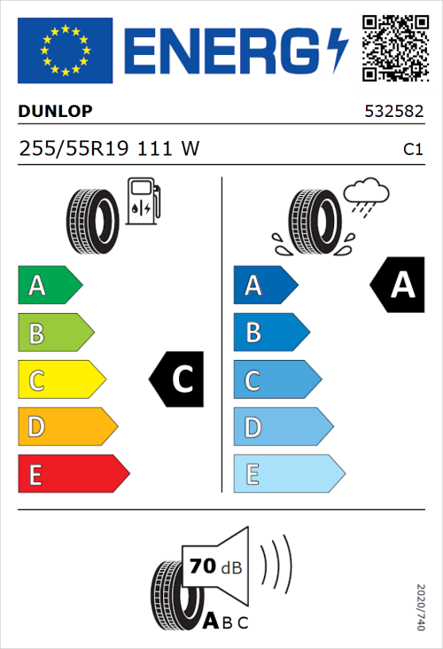 Tyre Label for Dunlop Sportmaxx RT 2 SUV 255/55R19 111W