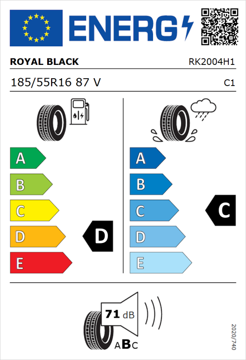 Tyre Label for Royal Black Royal Mile 185/55R16 87V
