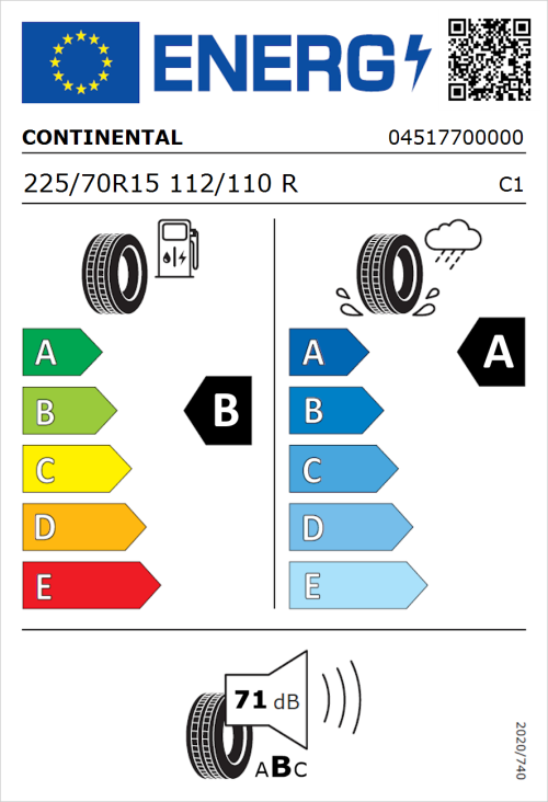 Tyre Label for Continental VanContact Ultra 225/70R15 112/110R