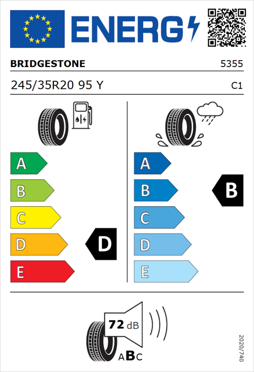 Tyre Label for Bridgestone Potenza RE050 245/35R20 95Y